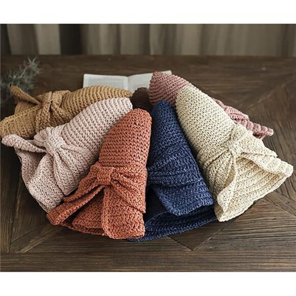 Foldable Wide Brim Floppy Straw Beach Sun Hat,Summer Cap with Bowknot for Women - Picture 6 of 8